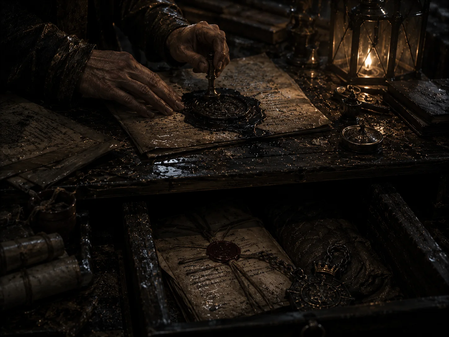 A black wax writ close-up with wet papers, lamplight, hidden testimony, and chained records beneath a wooden table.
