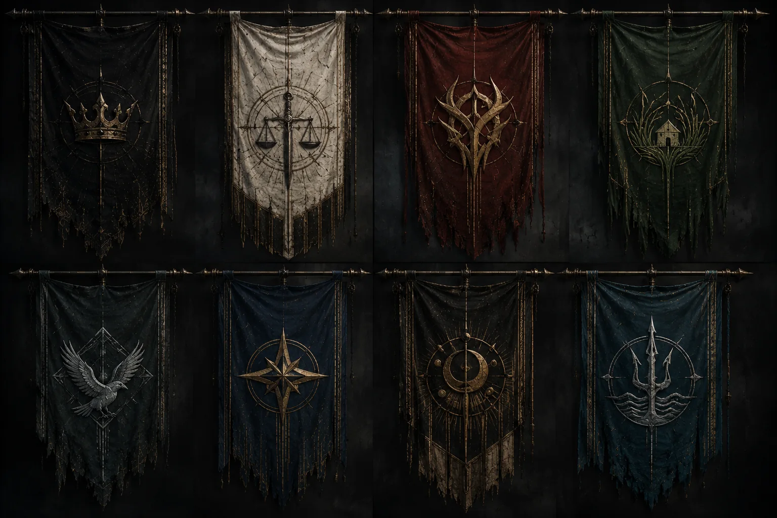 A spoiler-light set of eight worn faction banners in black, white, red, green, iron-blue, gold, and sea-blue.