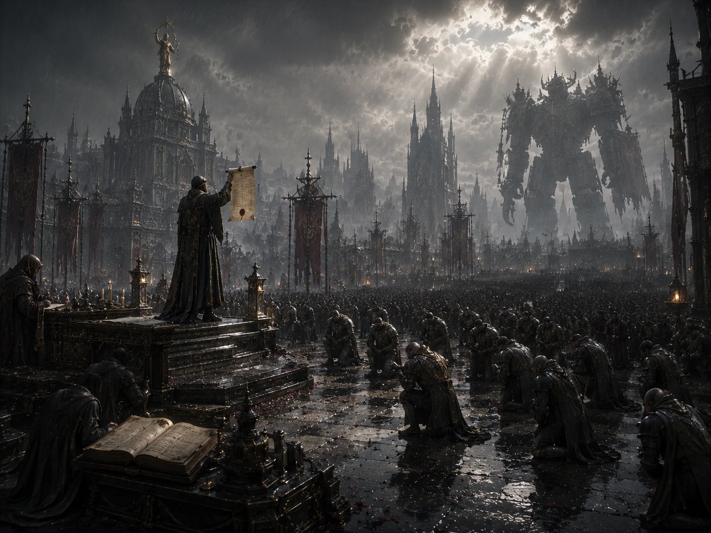 A public declaration after war: kneeling soldiers, a raised document, record tables, rain, banners, and a distant Titan.