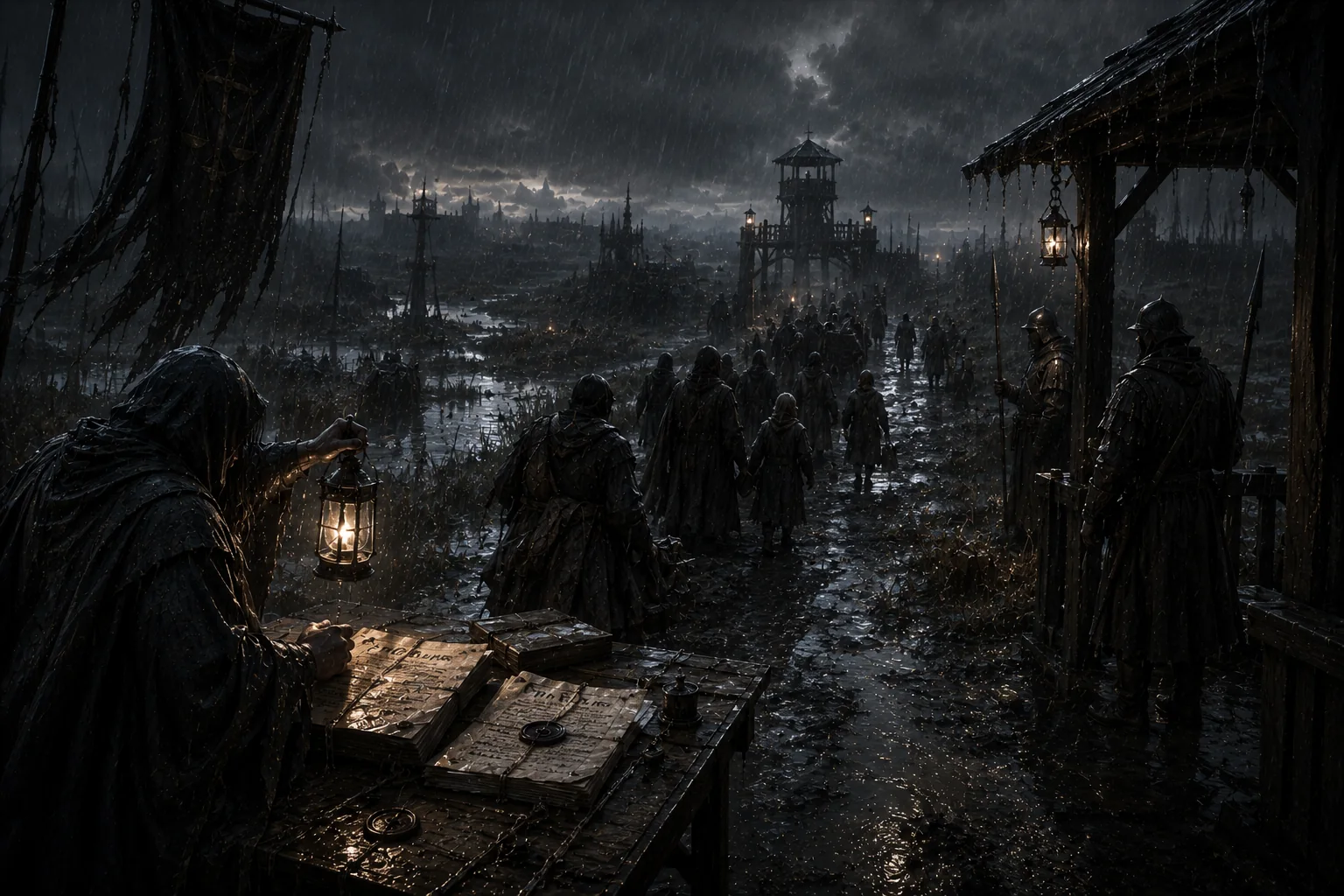 Fugitives moving through rain, road, marsh, wet warrants, lamplight, and a guarded checkpoint.