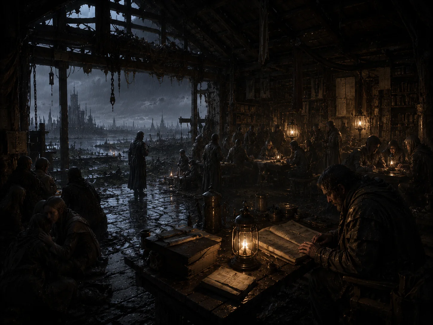 Merehold refuge with wet ledgers, lamplight, refugees, rain, and a distant city outside.