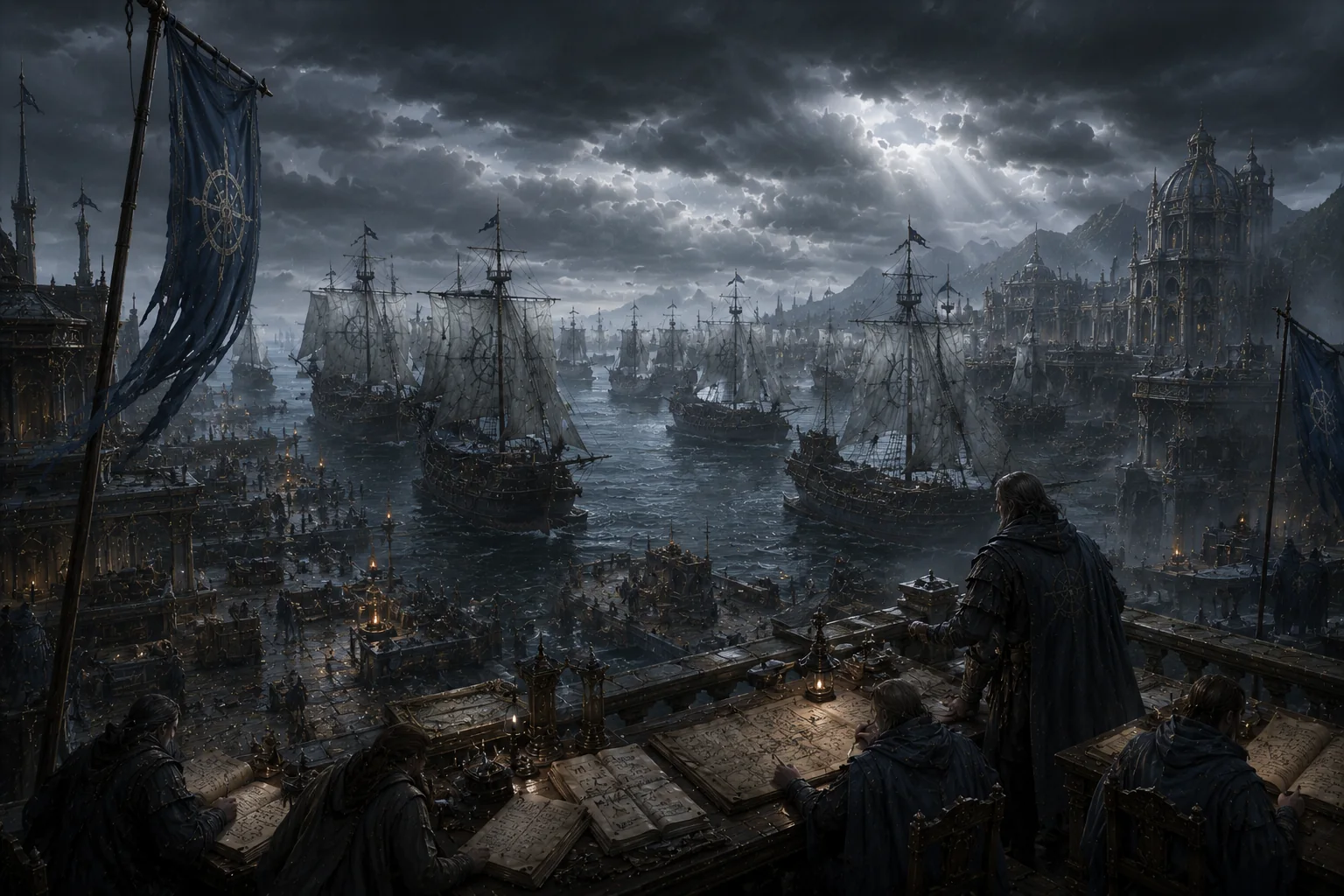 Thalassar harbor before a storm, with white sails, sea-colored banners, warships, maps, and record-keepers.