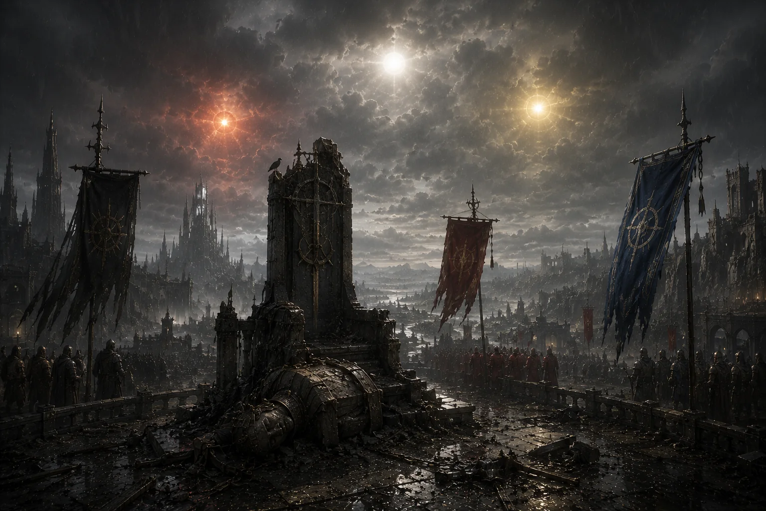 A ruined imperial throne beneath three lights, with three rival banners facing different directions.