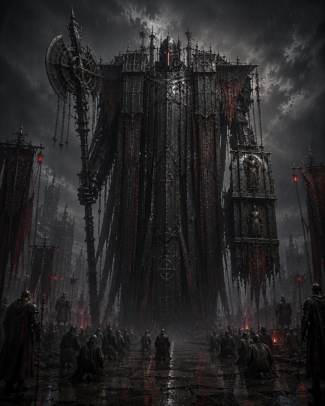 Black Liturgy, a black imperial suppression mechanism standing over a rain-wet city avenue.