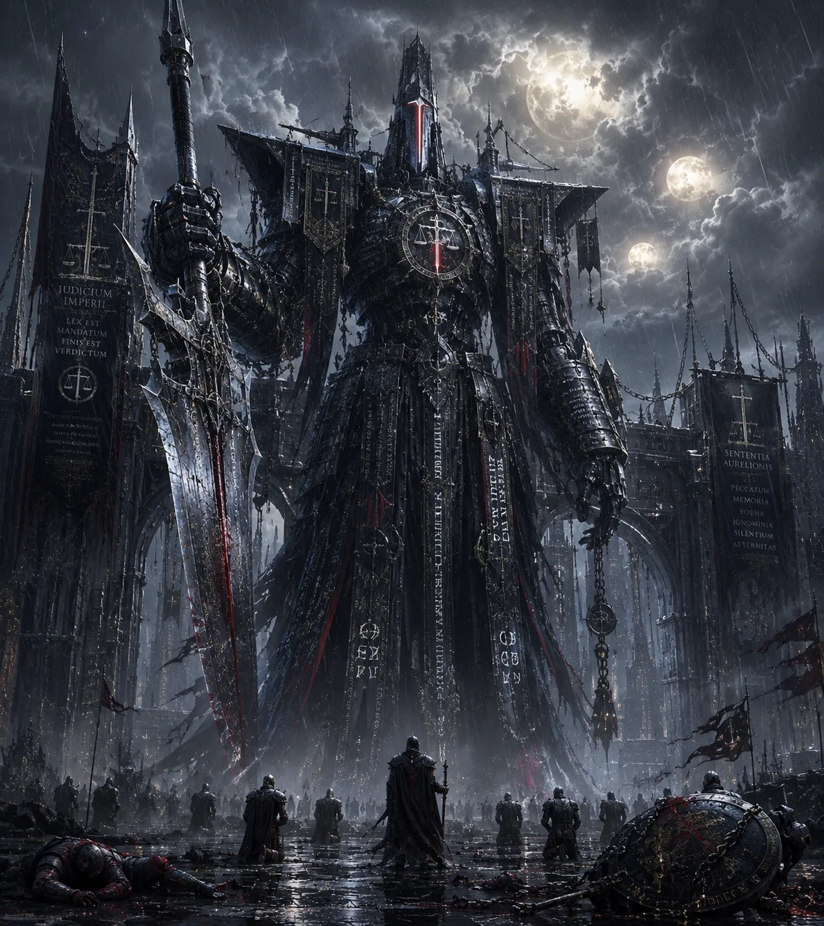 Black Verdict, a black judicial Titan surrounded by banners, rain, and imperial judgment imagery.