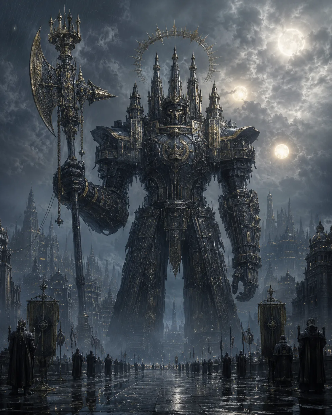 Crownbreaker visual anchor: an immense dark Titan standing over a rain-wet imperial city.