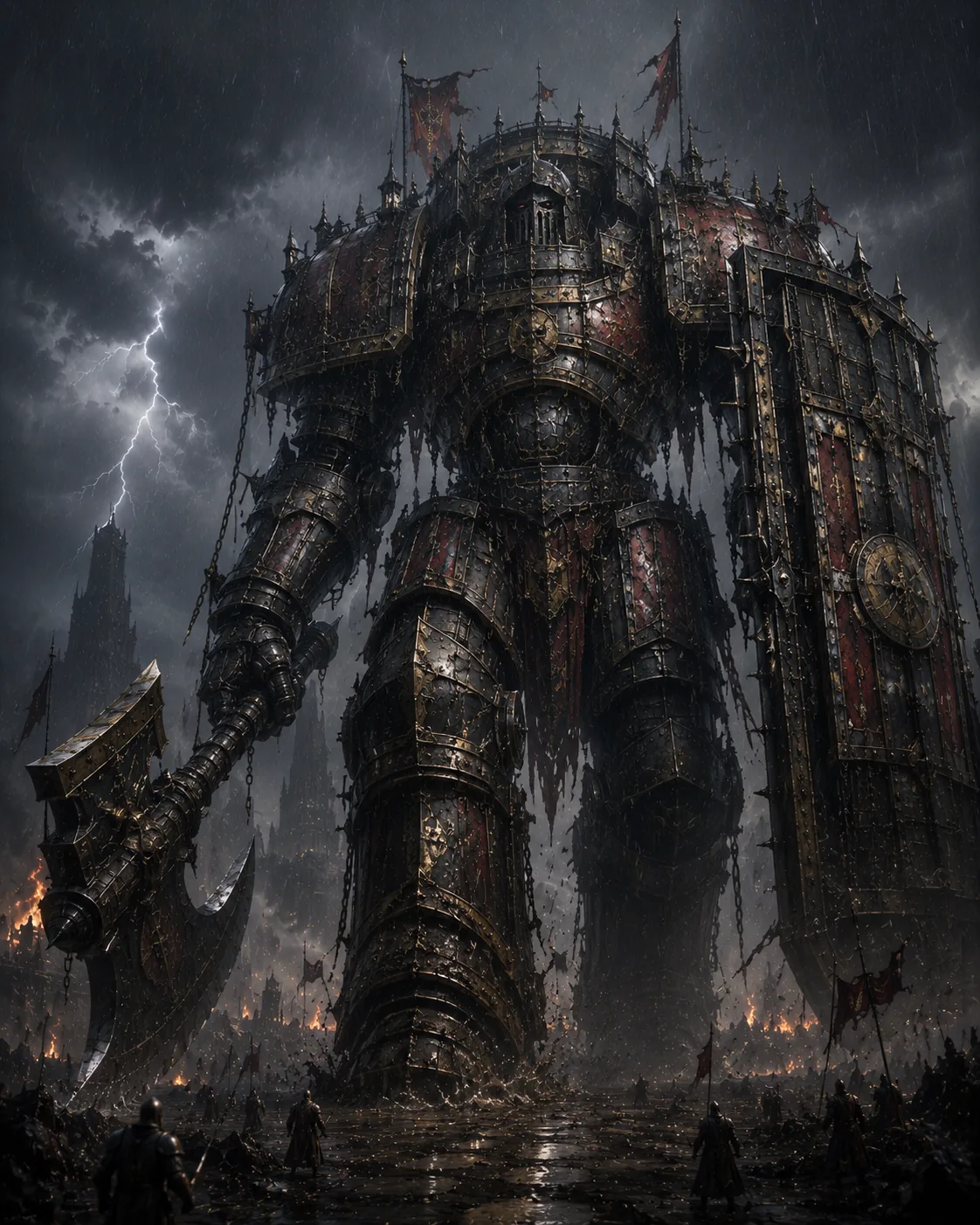 Stormbrand, a massive heavy Titan advancing through a ruined battlefield with shield and hammer.