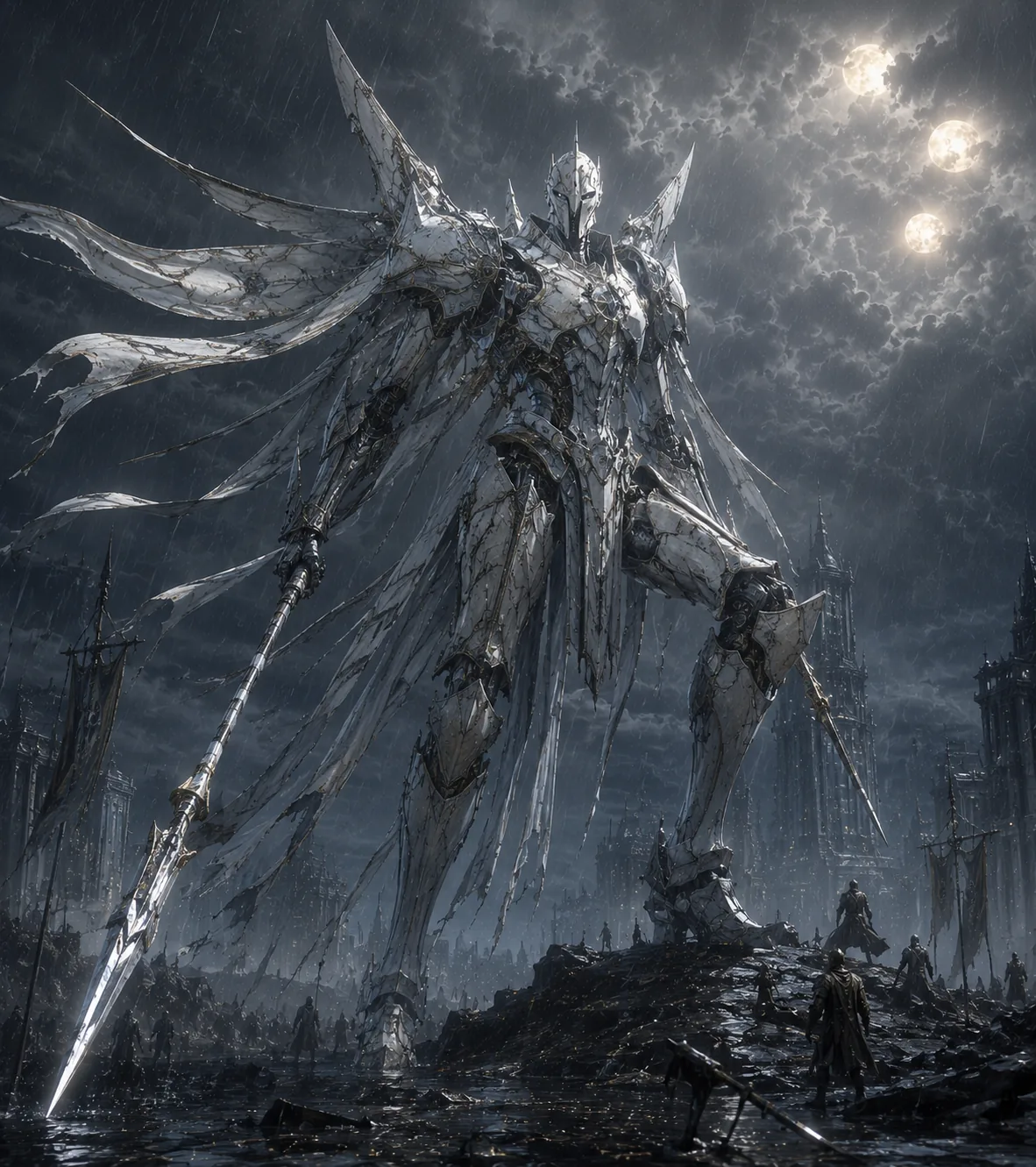 White Gale, a pale blade-like Titan beneath storm clouds and distant pale lights.